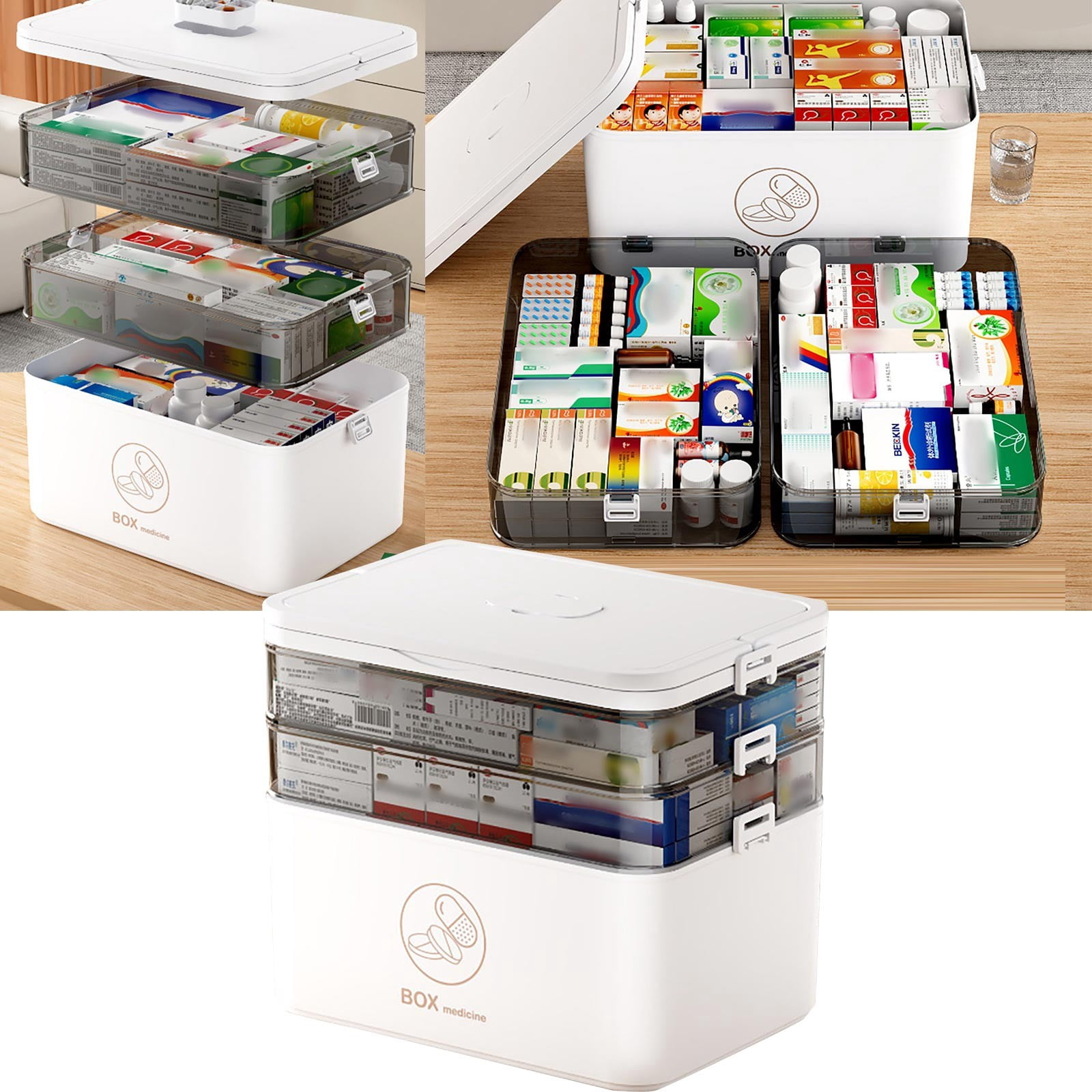 3-Tier Medicine Storage Box, Empty Family Emergencies First Aid Kit Container, Portable Plastic Medicine Storage Organizer Holder Multipurpose Box with Handle for Home, Travel