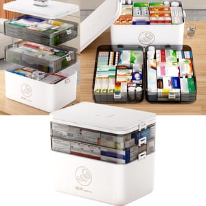 3-Tier Boîte de rangement pour médicaments, trousse de premiers soins vide pour les urgences familiales, contenant de rangement en plastique portable pour médicaments Boîte polyvalente avec poignée pour la maison, le voyage
