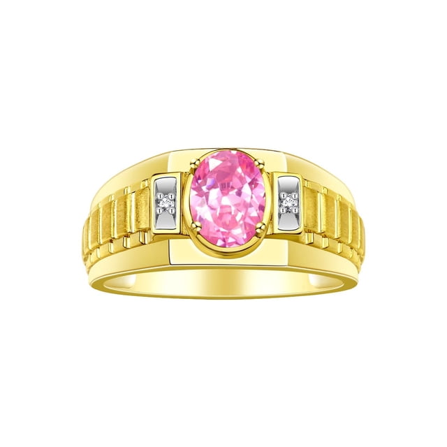 RYLOS Men's Rings Yellow Gold Plated Silver Rings Classic Designer Style 8X6MM Oval Gemstone & Diamond Ring Pink Ice Birthstone Rings For Men Size 12