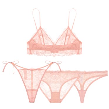 Varsbaby Thin Adjustable Strap Cute Triangle Lace Bra Set and Lace Bikini and See Through Thong 4 Pieces