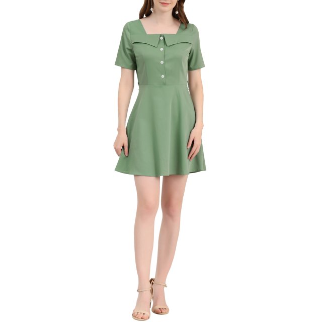 INSPIRE CHIC Robe Mini à Manches Courtes avec Col Carré et Boutons Décoratifs pour Femmes