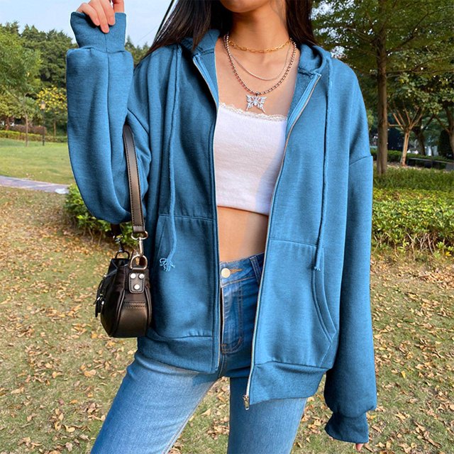 pitrice de Couleur Unie Coton Mélange Veste à Capuche Ample Top Bleu S