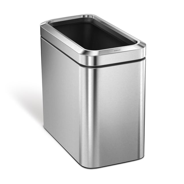 Simplehuman 25 Liter / 6.6 Gallon Slim Open Top Trash Can, commercial grade brushed stainless steel, with a narrow, space-efficient design ideal for offices or hotel rooms. Features a lift-off lid for quick liner changes and a fingerprint-proof finish to resist smudges.