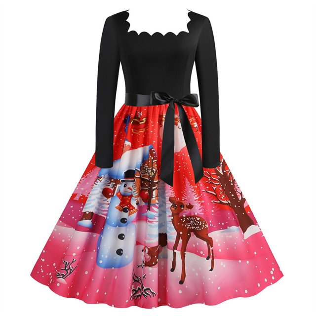 Pisexur Robe de Noël pour Femmes - Col, Imprimé de Noël, Manches Longues, Taille Haute, Robe d'Invitée de Mariage pour Femmes, Robe Évasée de Fête de Noël