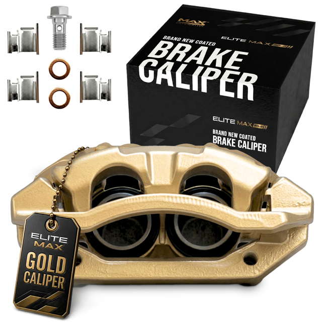 Max Advanced Brakes – EliteMAX Front Brake Caliper for 2009-2018 Ram 2500, Driver Side, Gold Powder Coated, Hardware Included, Disc Brake Caliper Assembly w/ Bracket