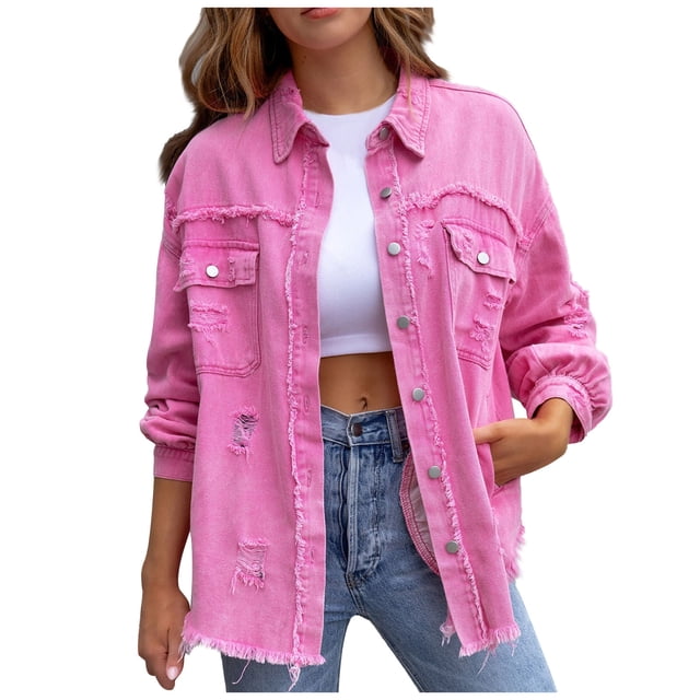 CEHVOM Veste en Denim à Manches Longues pour Femmes avec Franges et Trous Liquidation