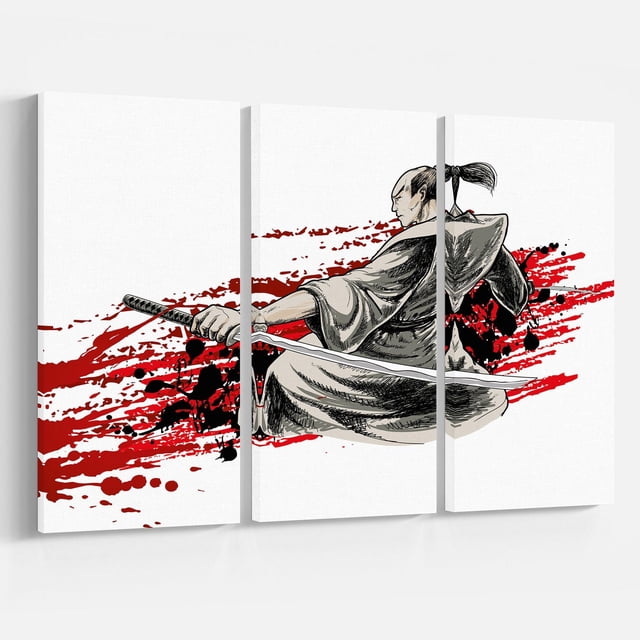 Design Art Japan Warrior Canvas Print featuring a three-panel gallery wrapped cotton canvas with a samurai warrior in traditional robes holding a katana sword, set against a white background with red and black paint splatters, ready to hang.