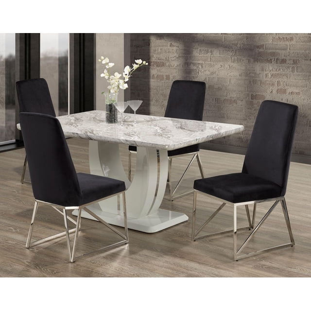Ensemble de Salle à Manger 5 Pcs, Blanc/noir avec une table Rectangulaire à Dessus en Papier Marbré à sous-Ton Gris sur une base en U Blanche avec Doublure en Métal, Assorti à Quatre Chaises Rembourrées en Tissu Noir Corbeau avec Sièges Rembourrés, Dossiers Hauts et Pieds Carrés Finition Chrome, Posé sur un Plancher de Bois Clair contre un Mur de Briques, Idéal pour les Salles à Manger Modernes.