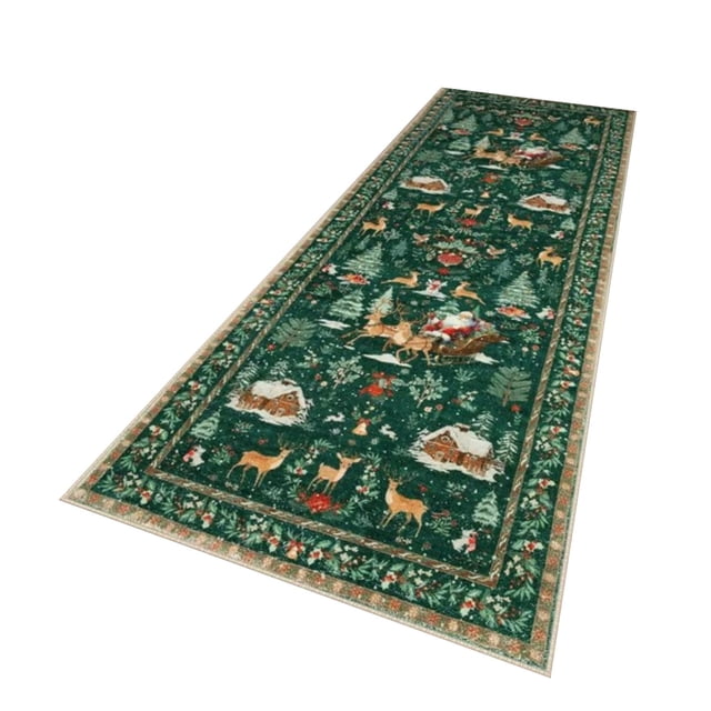 Christmas Ornaments Christmas Deer Santa Long Rug with festive holiday designs featuring Santa, Christmas trees, elks, and snowflakes. This soft, washable holiday runner rug is perfect for kitchens, hallways, and entryways. It includes a non-TPE backing for stability and is made from kid and pet-friendly materials, ideal for festive decor.