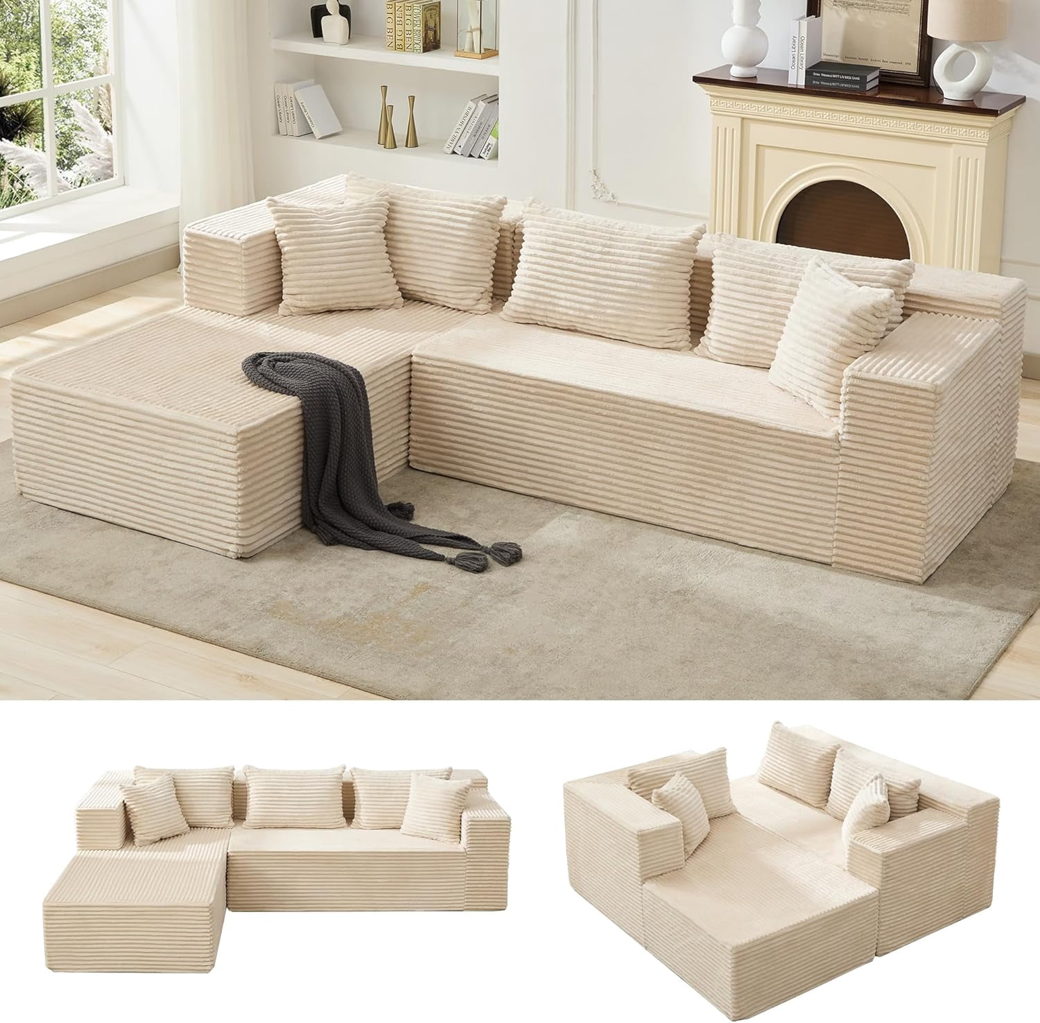 Modular Sectional Sofa Cloud Sectional Couch, 106" Comfy L Shaped Black Couches for Living Room,Oversized Sofa Sleeper with Deep Seat, No Assembly Required
