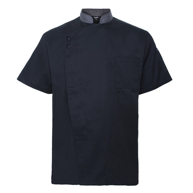 TOPTIE Veste de Chef Unisexe à Manches Courtes, Noire avec Col Gris