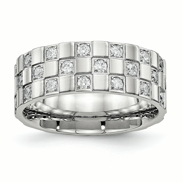 Bague en Acier Inoxydable Poli à Carreaux CZ 7 Tailles