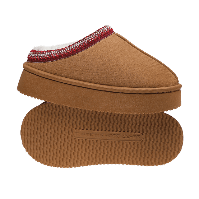 Women Platform Home Slippers Chunky Soft Sole Slip-On Winter Boots in camel faux suede with sherpa lining for warmth and a decorative red woven collar. Designed with a lightweight platform sole and slip-resistant foam outsole for indoor stability, ideal for cozy winter wear.