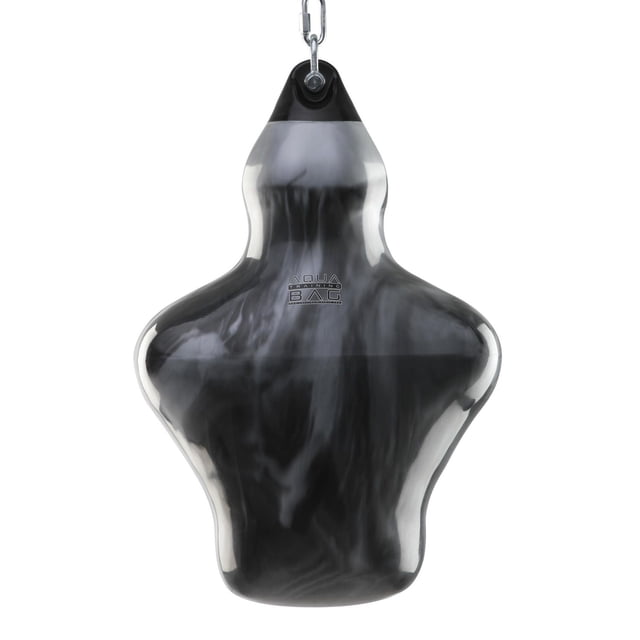 ATB Aqua Bruiser Training Bag - Haymaker Black, a water-filled punching bag shaped like a 6’1” male upper body with black and gray marbled vinyl, hanging from a metal chain and carabiner, designed for realistic boxing, kickboxing, and MMA training with natural swinging movement.