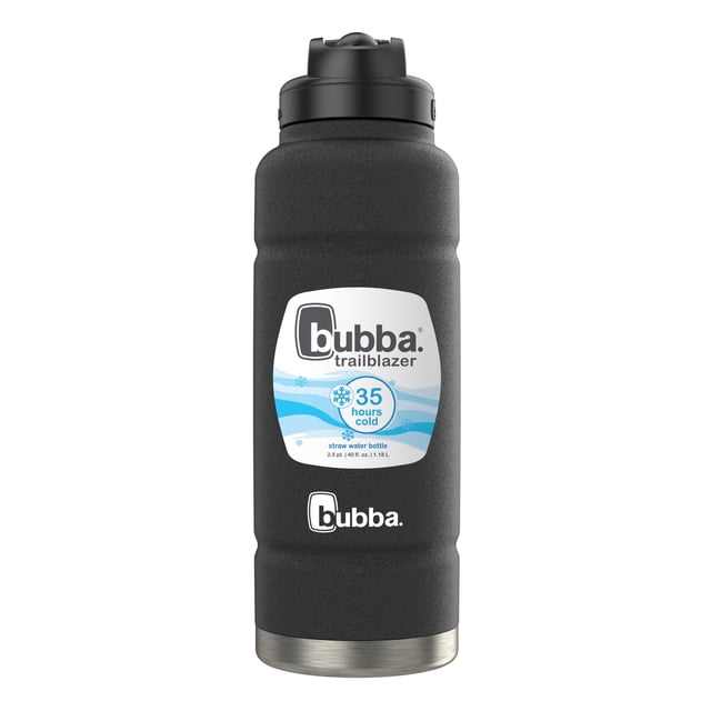 bubba Trailblazer Bouteille d'Eau en Acier Inoxydable avec Couvercle à Paille, 40 oz (1,18 L), Bouteille Noire Réglisse Isolée sous Vide avec Fini Texturé, Couvercle à Paille Étanche avec Couvercle de Bec et Boucle de Transport, Acier Inoxydable à Double Paroi Garde les Boissons Froides jusqu'à 35 Heures Sans condensation, Couvercle et Paille Compatibles Lave-Vaisselle, Idéale pour l'Hydratation en Plein Air et les Pique-Niques