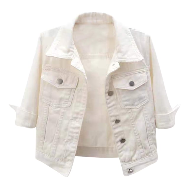Sinleey Women's 3/4 Sleeve Denim Jacket Coat Basic Button Down Stretch Jacket with Pockets White 5XL