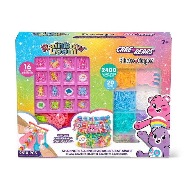 RAINBOW LOOM CARE BEARS CUTEIQUE SHARING IS CARING charm bracelet kit includes 16 Care Bears-themed charms, 2400 multicolored rubber bands, 20 beads, and a Cheer Bear Happy Loom tool, suitable for kids aged 7 and up to create bracelets that foster creativity and fine motor skills.
