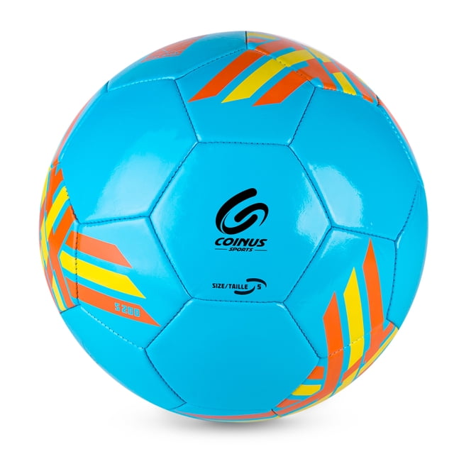 Coinus Ballons de Soccer Taille 5 Ballon de Soccer Bleu avec Panneaux Synthétiques Bleu Vif et Rayures Géométriques orange et Jaune, avec Surpiqûres de machine Précises et le logo Coinus Sports au Centre, Convient aux Joueurs Débutants Qui Pratiquent le Dribble et le Tir.
