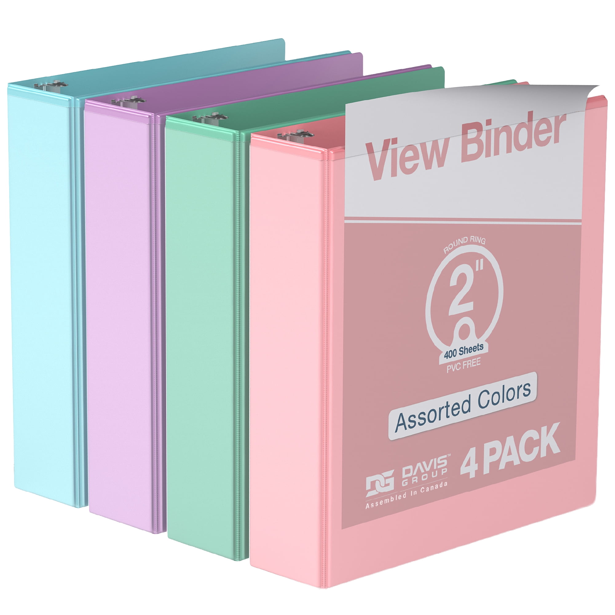 Davis Group Economy 3-Ring View Binders, 2" Round Rings, 475 Capacity, Assorted, Pack of 4