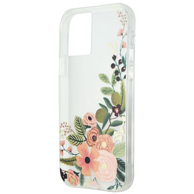 Rifle Paper Co. Series iPhone case for iPhone 12/12 Pro in Garden Party Rose/Clear design. Slim polycarbonate construction with metallic gold foil accents, floral print, and anti-scratch technology. Offers 10 ft drop protection and supports wireless charging.