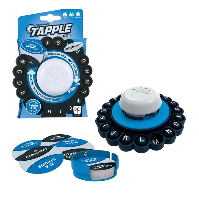 USAopoly The Original Tapple Mini classic party word game with a circular black letter dial and white popper button on a blue base, includes themed category cards and a blue card holder, designed for 2-8 players aged 8 and up, portable for travel and quick play.
