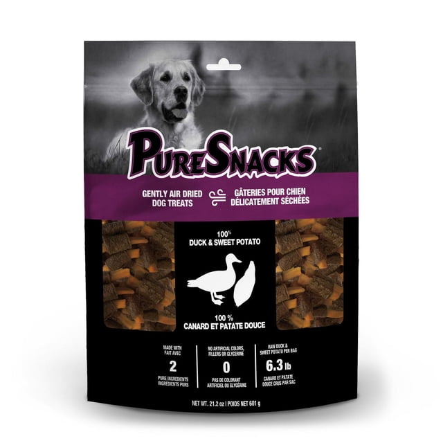PureSnacks Sweet Potato & Duck Jerky Dog Treats in a black and purple resealable bag featuring a golden retriever image, containing gently air dried 100% duck and sweet potato treats with no fillers or artificial colors, weighing 6.3 lb (2.86 kg), suitable for dogs with allergies or restricted diets.