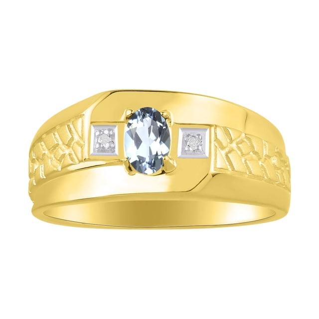 RYLOS Men's Rings 14K Yellow Gold Classic Nugget 6X4MM Oval Gemstone & Diamond Ring Aquamarine March Birthstone Rings Size 10