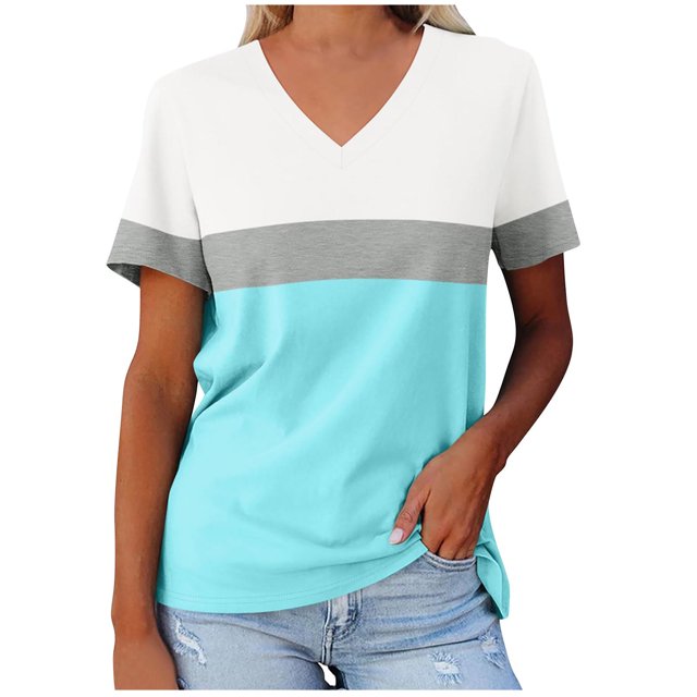 Yuyuzo T-Shirts pour Femmes Manches Courtes Décontractés Col en V Tops d'Été Color Block Tees Amples