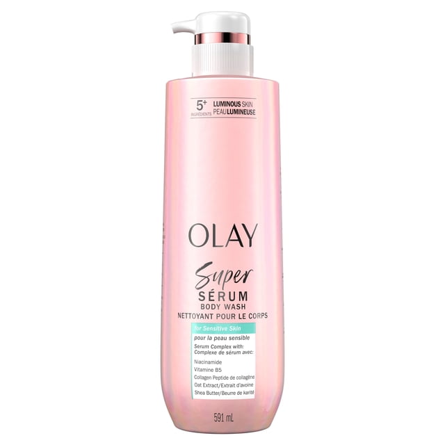Olay Super Serum Body Wash for Sensitive Skin in a 591 mL iridescent pink bottle with white pump dispenser, containing 5+ serum ingredients including niacinamide, collagen peptide, vitamin B5, oat extract, and shea butter to hydrate, soothe, smooth, brighten, and even skin tone for luminous skin.
