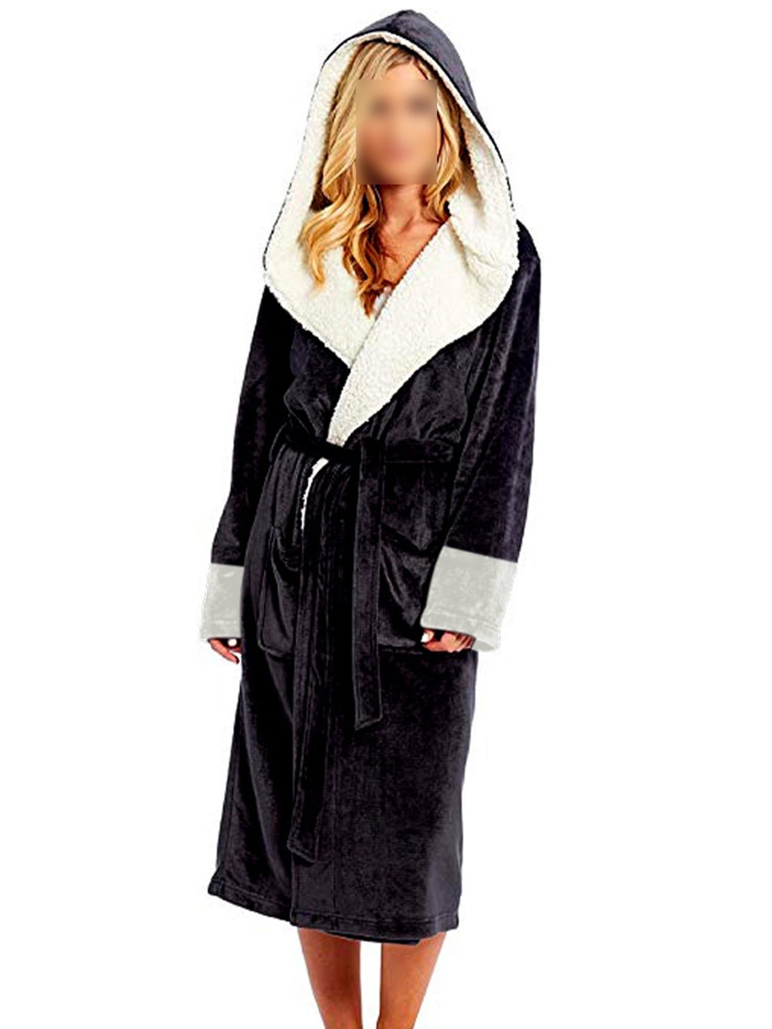 Fashnice Women Sleepwear Long Sleeve Sherpa Robes Solid Color Fuzzy Plush Bathrobe Warm Sleeping Fleece Robe Black L