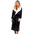 thumbnail image 1 of Fashnice Women Sleepwear Long Sleeve Sherpa Robes Solid Color Fuzzy Plush Bathrobe Warm Sleeping Fleece Robe Black L, 1 of 4