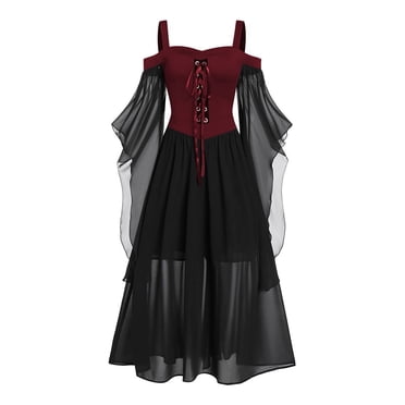 Fldy Robes de Costume Vintage d'Halloween pour Femmes Robe Gothique Médiévale Steampunk Victorienne Rouge&Noir G