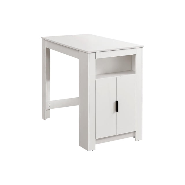 Monarch Specialties Dining Table, 48" rectangular counter height kitchen table in white laminate with an open storage shelf and a closed cabinet with two fixed shelves and black handle, shown from a front-side angle on a white background, ideal for small kitchens and casual dining.