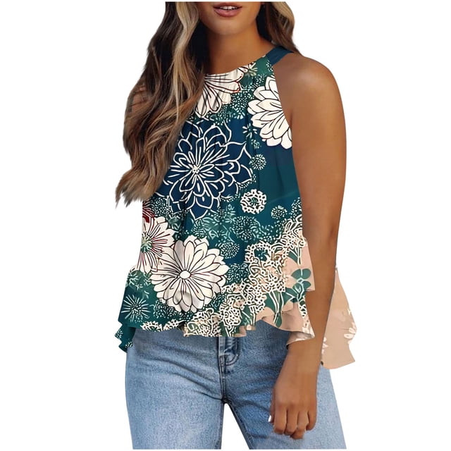 Weiqiqre Women Blouses Adjustable Tie Neckline Ruffle Hem Sleeveless Flowy Halter Tops
