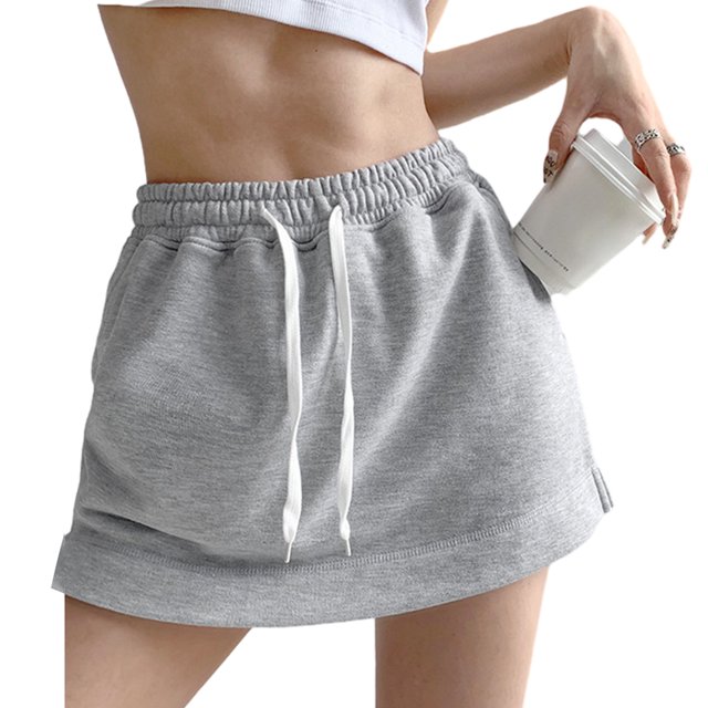 Youkk Femmes Jupes Courtes Robe Solide Cordon de Serrage Décontracté Mini A-Ligne Mode Haute Taille Style Coréen d'Été pour les Sports Gris S