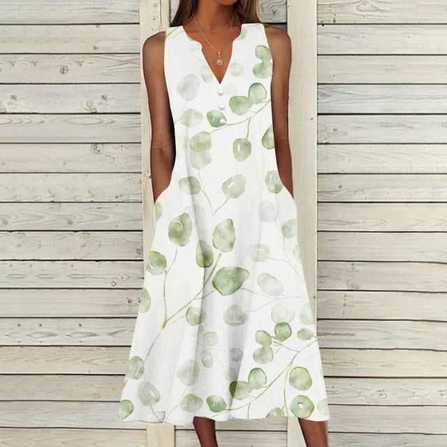 EGNMCR Robes de Fête pour Femmes Robe d'Été pour Femmes Design Décontracté Robe Dégradée Sans Manches Col en V Longue Robe