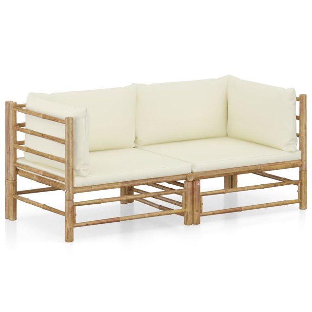 vidaXL 2 Piece Garden Lounge Set with Cream White Cushions Bamboo