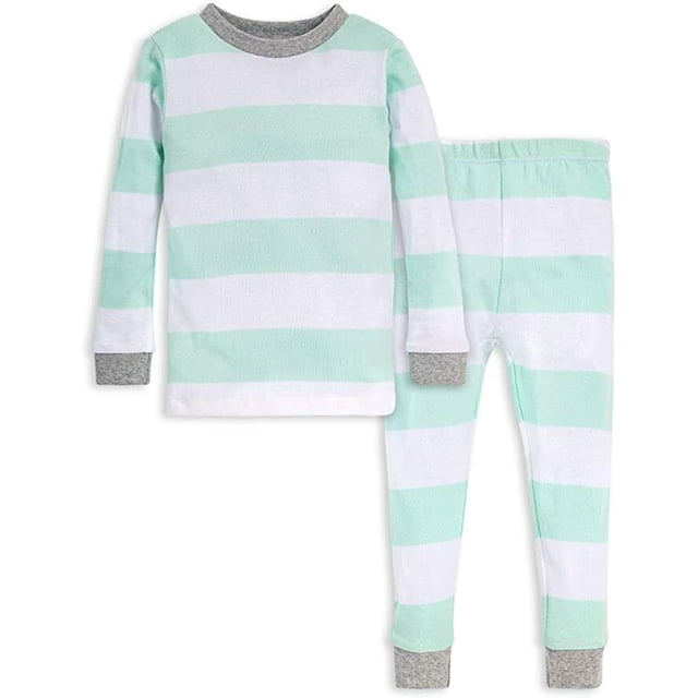 Burt's Bees Girls Pyjama Set Organic Cotton Green Rugby Stripe ( 7 )