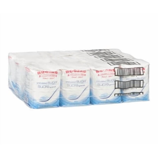 Rogers Sugar Granulated 2 KG/4.41 LBS (12/Case) featuring individually wrapped white granulated sugar packs in bulk packaging. Each pack is labeled with the Rogers brand and product details, showcasing its use for baking, cooking, and sweetening beverages. The packs are arranged in a transparent plastic wrap for easy storage and transport.