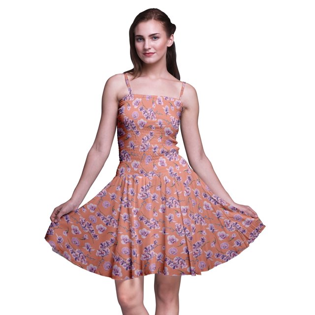 Bimba Robe Soleil Mini pour Femmes à Bretelles Spaghetti, Haut à Taille Smockée Imprimé Floral - Grand