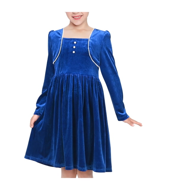 Robe Fille Bleu Royal Velours Perle Manches Longues Vacances Vintage 12 Ans