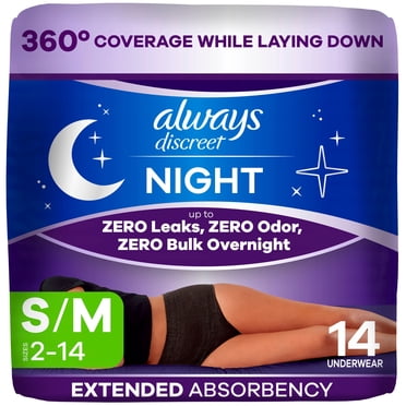 Always Discreet Adult Incontinence Overnight Underwear for Women, S/M, Up to 100% Bladder Leak Protection