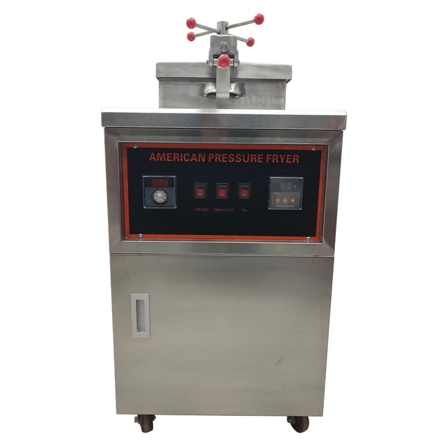 Cuisinière Commerciale pour Poulet Frit à Haute Pression CNC, Friteuse Profonde au GPL, Contrôle Automatique de la Température 110 V, Friteuse Commerciale Orientée vers l'Avant avec Casserole de 45 L et Couvercle à Charnière en Aluminium Épaissi, Panneau de Commande Numérique avec Boutons-Poussoir et Sonde de Température, Anneau d'Étanchéité visible, Panier de Friture et Poignée Inclus, Bassin à Huile Inférieur pour l'Égouttage, Groupe de Soupapes de Soulagement de Pression Latérales et Entrée au GPL, dimensions 104 x 52 x 116 cm (