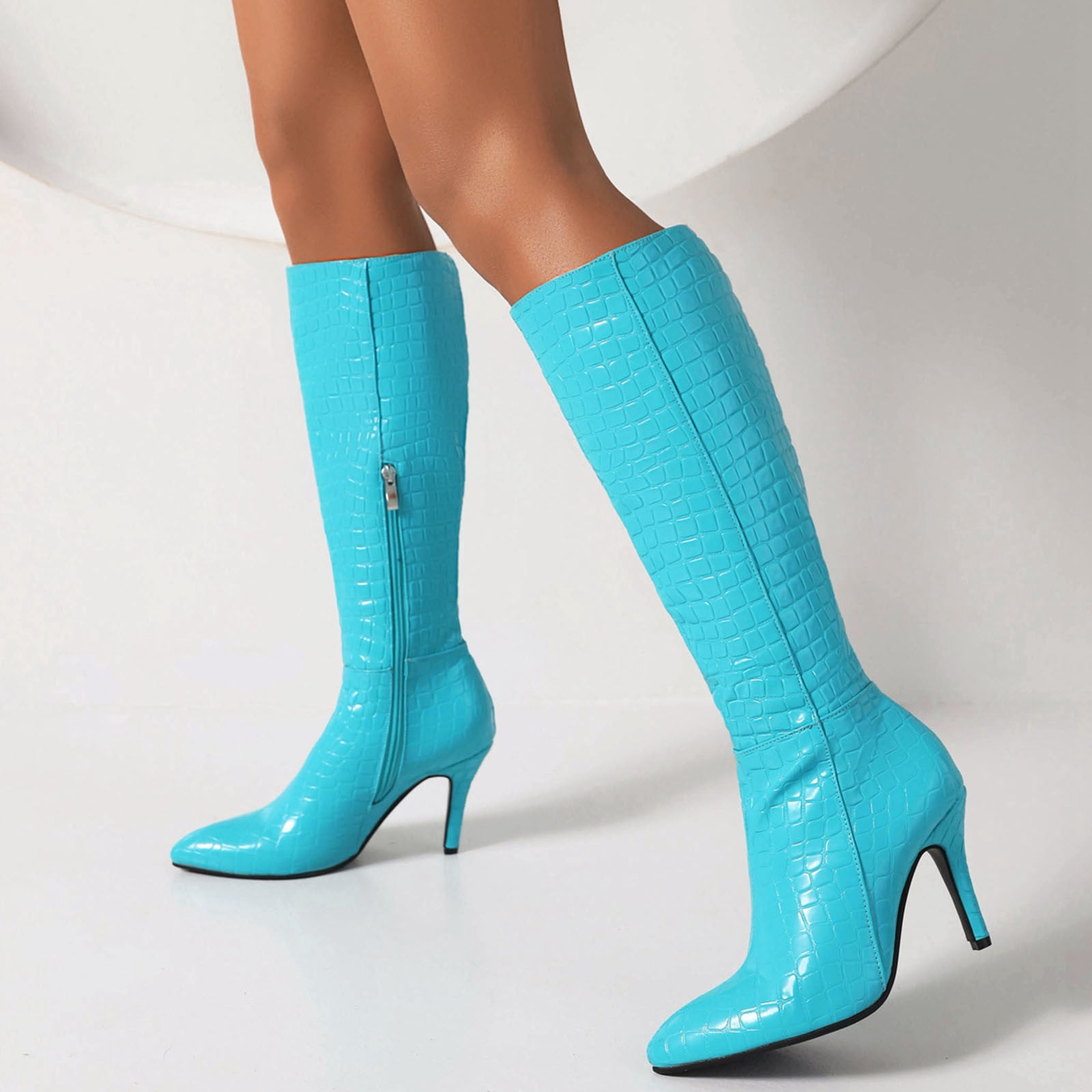 Cameland Autumn/winter Candy-coloured Side Zipper Embossed High Heel Boots For Ladies