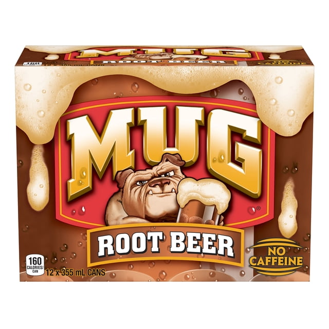 Mug Root Beer No Caffeine 12 x 355 mL cans pack with brown and red packaging featuring frothy foam details, the bold gold and white MUG logo, a cartoon bulldog holding a frothy root beer mug, and labels indicating 160 calories per can and caffeine-free content, suitable for classic root beer enjoyment.