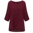 thumbnail image 3 of Femmes T-Shirt Couleur Unie Casual Top Manches Courtes Lin Manches T-Shirt Femmes Blouse, Rouge Vin, M, 3 of 6