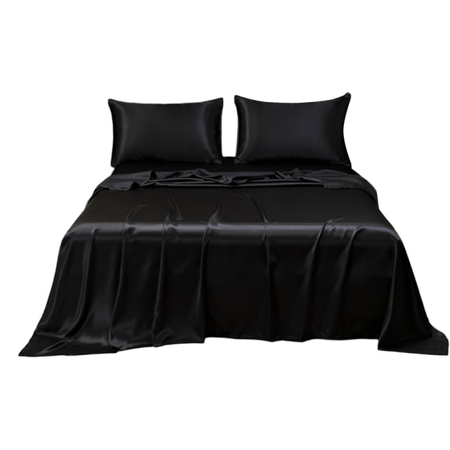 Soft Solid Matte Satin Bed Sheet Pillowcase Twin Size Set Black Color Hotel Luxury Silk Bedding Set Pillow Cover Twin Bed Sheet Set Smooth Sheets P-46 Black