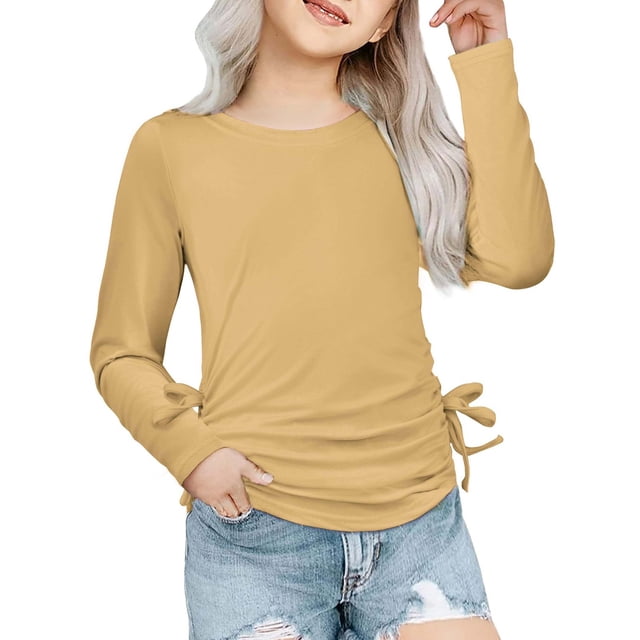 Sunnyoo T-Shirt Décontracté pour Filles Tout-Petits Manches Longues Col Rond Nœud Froncé, Tailles 3-14