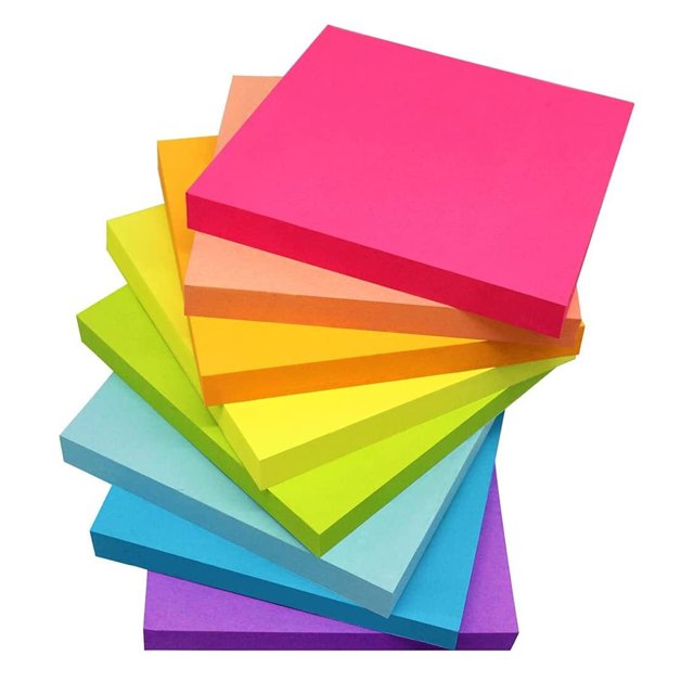8 Pack 100 Sheet Sticky Notes 3x3inch, featuring self-stick pads in bright colors including red, orange, yellow, green, light blue, blue, and purple. Each pad contains 100 sheets of 80gsm paper with strong adhesive for secure placement on smooth surfaces like walls, blackboards, and refrigerators. Ideal for home, office, and classroom use, these recyclable sticky notes are perfect for reminders, to-do lists, and color-coding tasks.