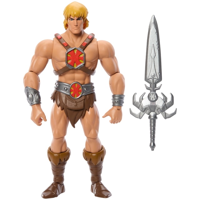 Maîtres de l'Univers Origins Collection Dessin Animé 200X Figurine d'Action He-Man, Jouet Héros MOTU 5,5 Pouces Montrant une Figurine Musclée à la Peau Bronzée, Pagne Brun Type Fourrure, Protège-Poignets Argent, et un Harnais de Poitrine Rouge et Argent, Debout à Côté d'Un Accessoire d'Épée Puissante Argenté Détaillé Inspiré de l'Épisode « the Beginning », Conçu avec 16 points d'Articulation et des Pièces Amovibles, Convient pour Agencer avec d'Autres Figurines.